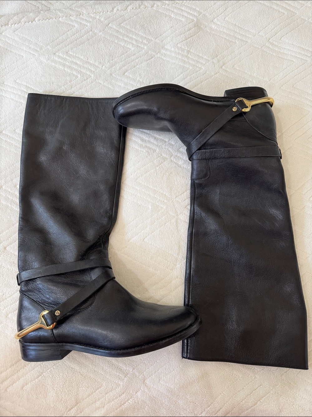 Lauren Ralph Lauren Black Leather Riding Boots with Gold Buckle Detail